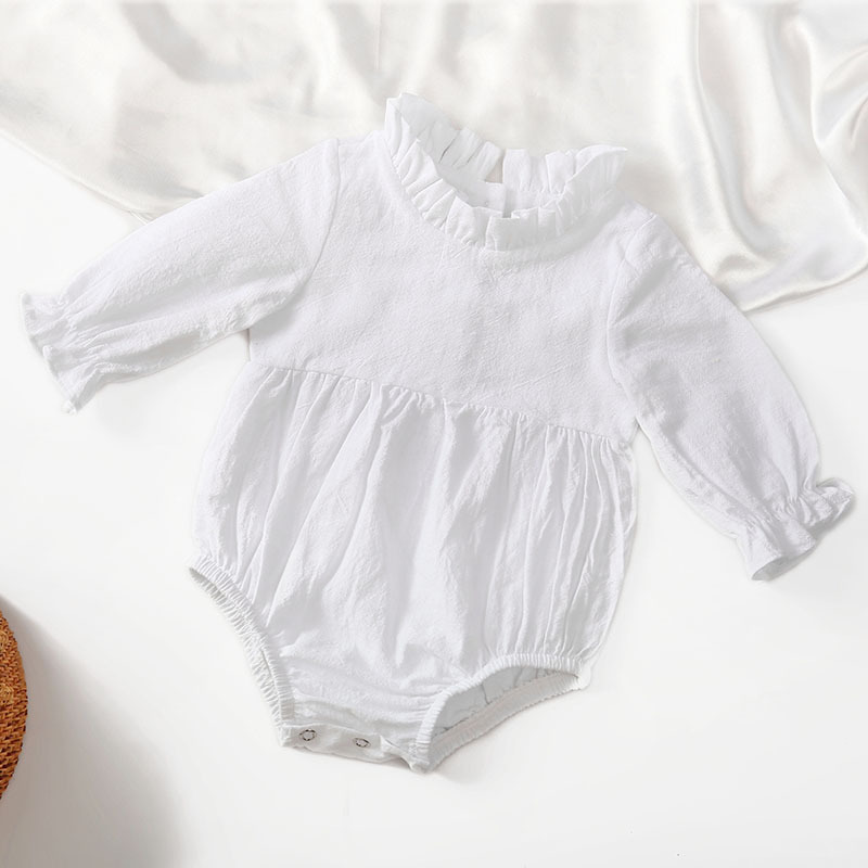 Picture of Cross-border New Long-sleeved Cotton and Linen Newborn Hatshirt Solid Color Flying Sleeve Lace Collar Baby Jumpsuit Children's Hatshirt