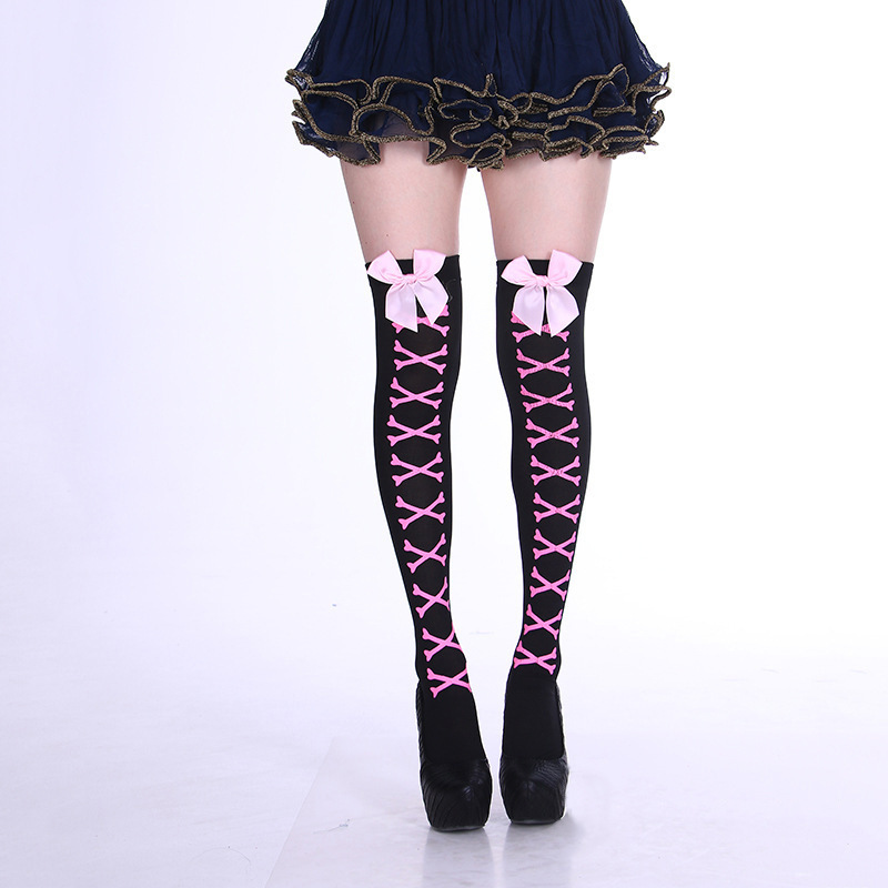 Picture of Cross Cross Cross Stockings Printing Halloween Socks Spider Web Over-the-Knee Socks Black White Lolita Stockings