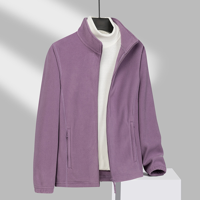 Outdoor Sports Thickeneded Warm Windproof Fleece Jacket Women's Cardigan Stand Collar Brushed Jacket Pure Color Polar Fleece Jacket Men
