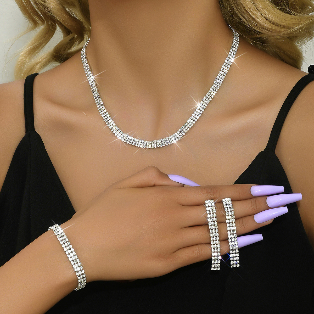Jewelry Bride Wedding Dress Bracelet Accessories Rhinestone Necklace Earrings Combination Set Chain Three-Piece Set Star and Moon Fashion Versatile