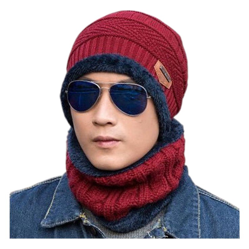 K-Style of the New Men's Hat Fleece-Lined Cycling Hat Warm Windproof Hat Winter Woolen Hat and Scarf Two-Piece Set