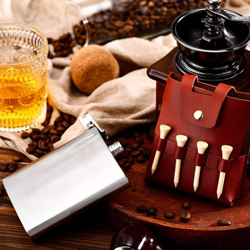 Picture of Golf flask leather case wine bottle leather bag tool waist bag outdoor flat hip flask storage bag