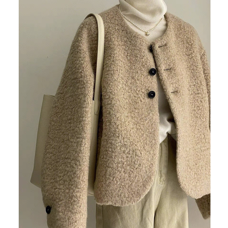 Korean style women's Chanel style short coat women's spring, autumn and winter lamb milk series Young milk tea top
