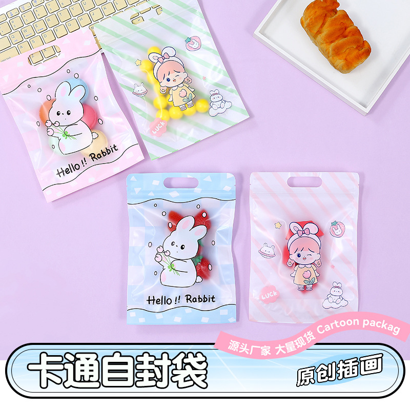 Cartoon Frosted Hand-Held Self-Sealing Gift Bag Transparent Jewelry Zipper Packaging Bag Ins Sealed Bag Zipper Type