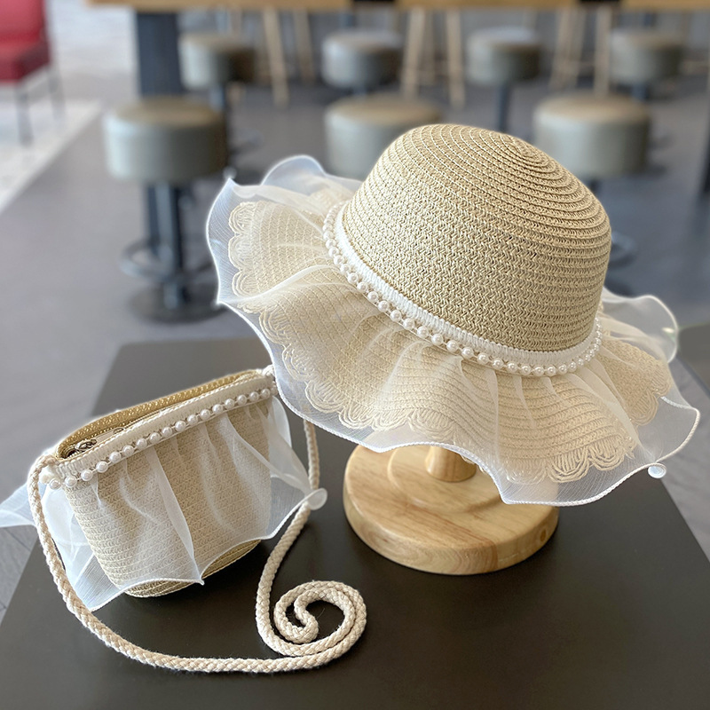 Pearl Mesh Girl's Straw Hat Children's Summer Big Brim Hat suit Parent-Child Sunscreen Sunshade Hat All-Match