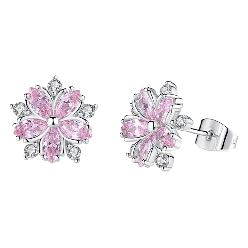 Romantic Cherry Blossom Set Copper Necklace Zircon Flower Pink Necklace Set Earrings for Women Korean Style Petal Copper Micro Inlaid