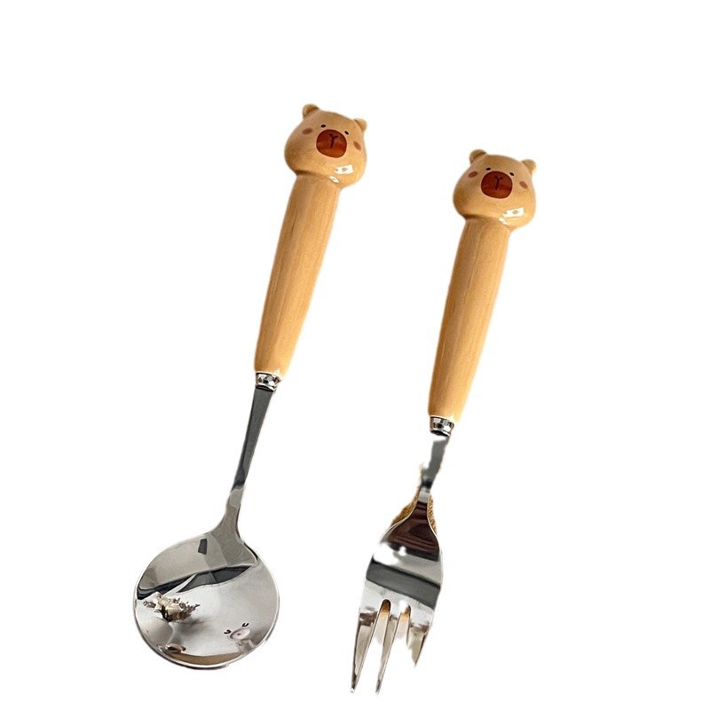 Picture of Ceramic Handle Cute Cartoon Skin Spoon Chopsticks suit Portable Tableware Cartoon Spoon Fork for Students