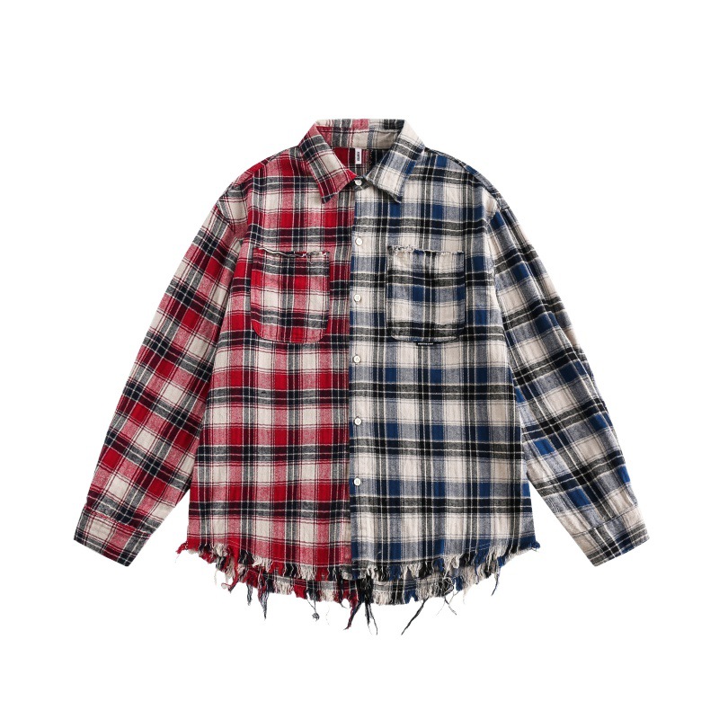 Picture of Cross-Border American Style Contrasting Plaid Splicing Tassel Long-Sleeved Shirt Loose Trendy Brand Design Top Casual and Versatile