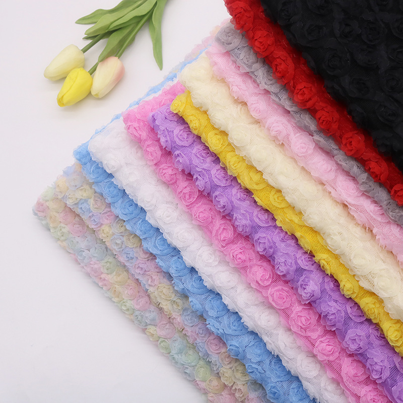 91cm Long Mesh Base Fabric with Embroidered Ribbon and Three-Dimensional Small Rose Flowers, Soft Gauze Skirt Material, Clothing Fabric, 132cm Wide
