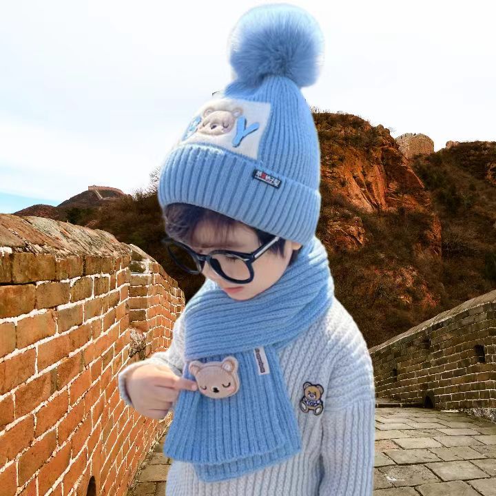 2024 autumn and winter children's hat bear wool hat girls knitted cotton warm baby hat scarf two-piece set