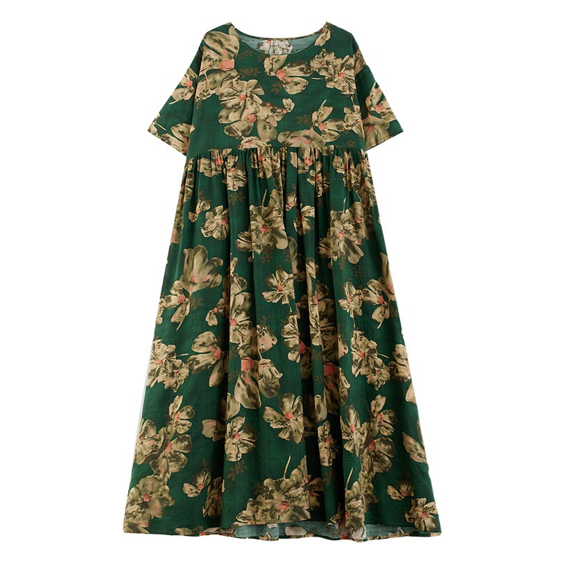 Cross-border foreign trade 2024 new artistic plus size chubby girl plus size printed short sleeve floral skirt beach dress