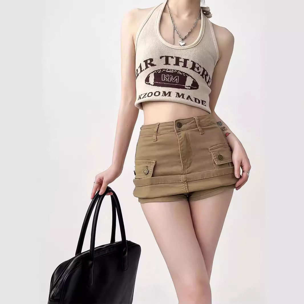 American Retro khaki Frock Denim Skirt Women's High Waist Hip A- Line Short Skirt Bm Culottes 2023