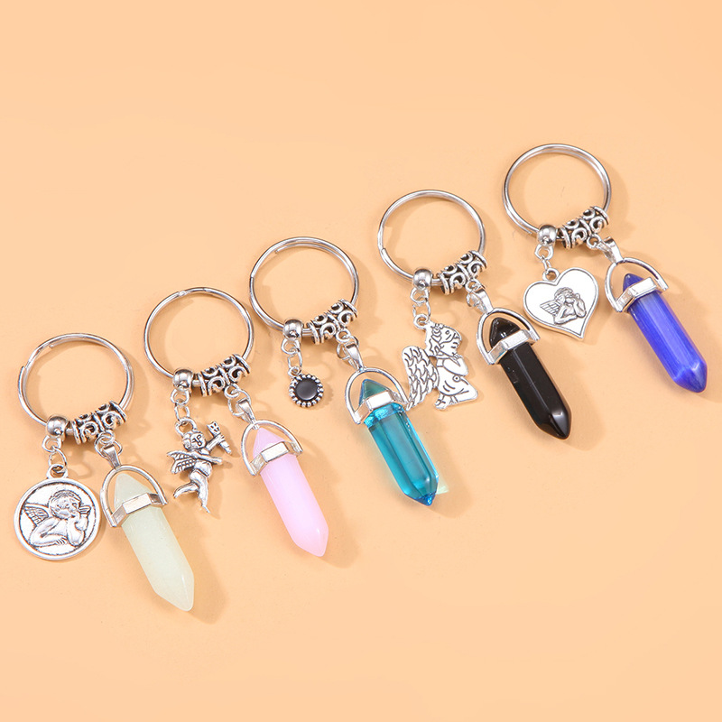 Geometric angel crystal pendant alloy keychain Crystal hexagonal column keychain with hook jeans ornaments