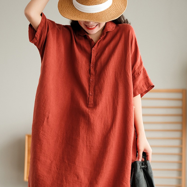 2025 Summer Retro Loose Plus Size Women's Fashionable Age-Reducing Turn-Down Collar Shirt Dress Solid Color Linen Dress