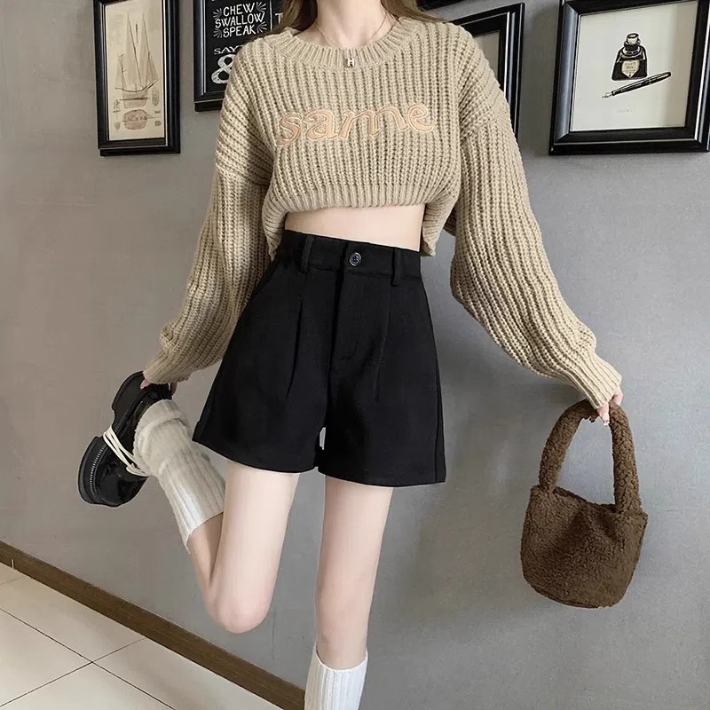 Black Zipper Gold Buckle Retro High Waist Woolen Shorts Women's Autumn and Winter Loose Wide Leg Woolen Boots Bottoming Outer Wear