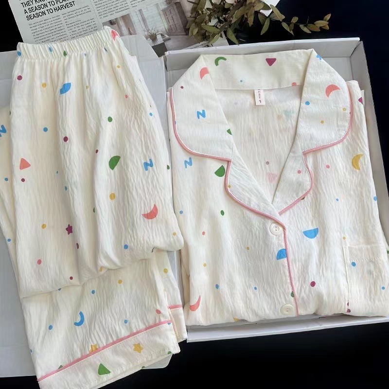 Picture of Online Celebrity Live Dopamine Color Striped Long Sleeve Pajamas Women's Loose Bubble Wrinkle Cute Cross-border suit Foreign Trade