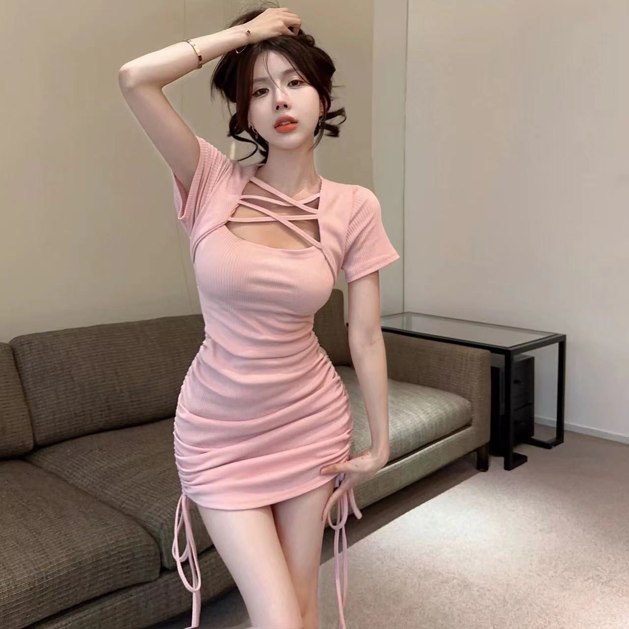 Sexy Waisted Pleated Summer Skirt Women's Slimming Drawstring Tight Hot Girl Hip dress Small Design