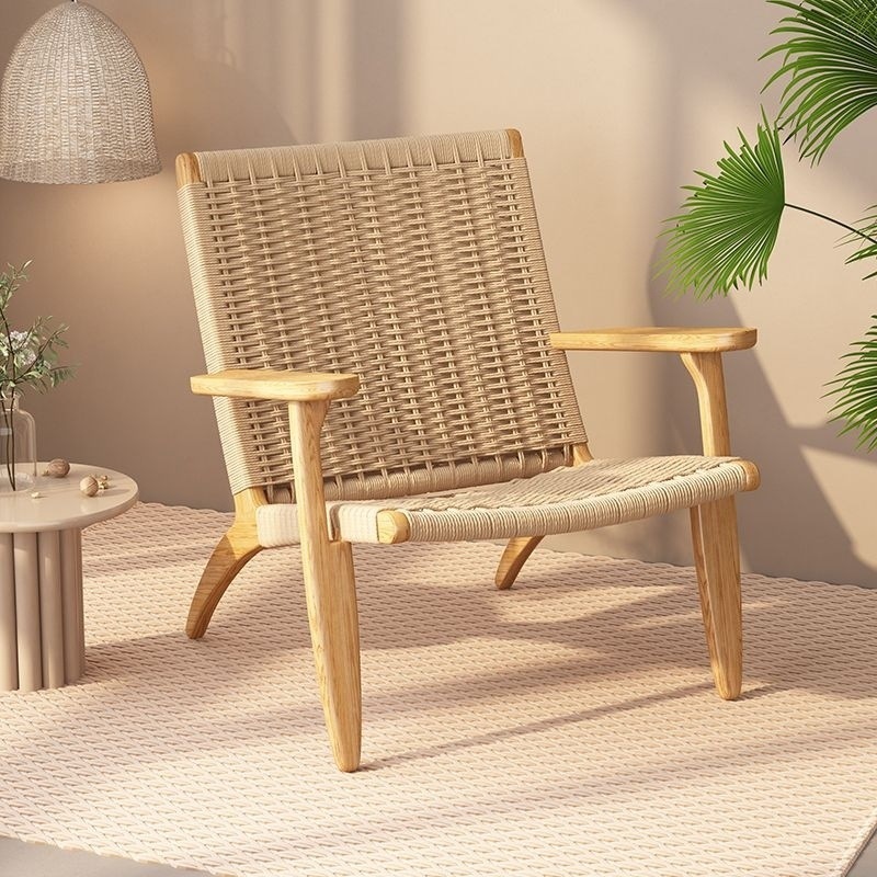 Picture of Nordic Solid Wood Single Sofa Chair Saddle Rattan Chair Balcony Leisure Hemp Rope Armrest Backrest Lazy Chair Outdoor