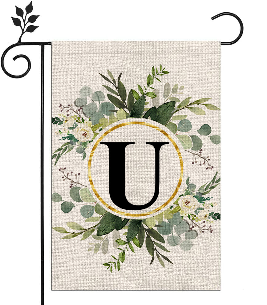 Picture of Simple ins style 26 letters + green plant printed linen garden flag surname initials courtyard door flag