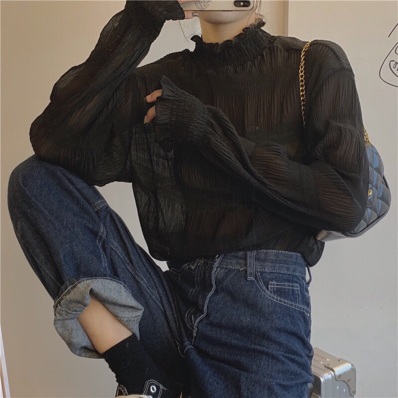 Western style super fairy loose belly-covering chiffon shirt for women Spring half turtleneck pleated mesh bottoming stacked top for women