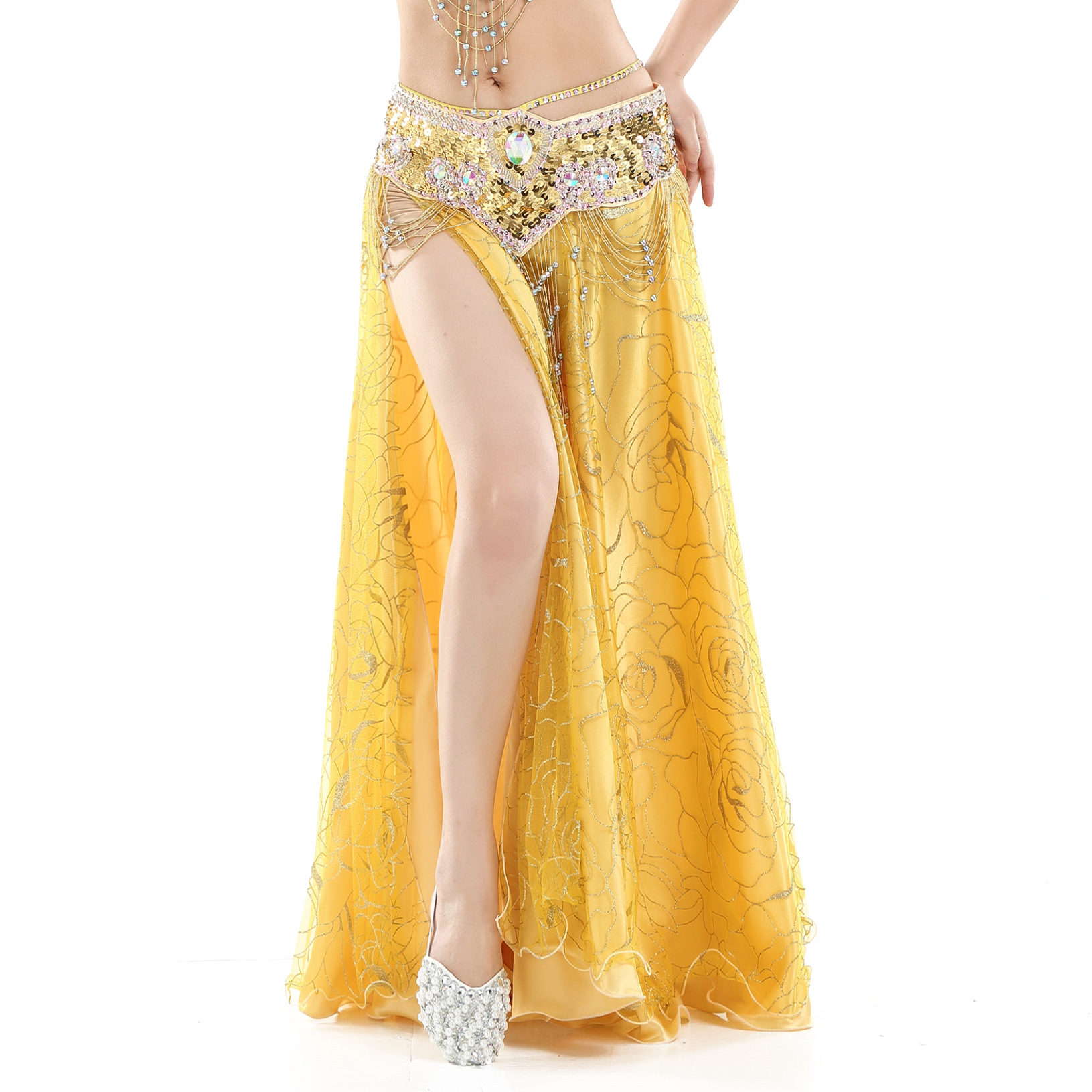 Picture of Hot Push Rose Skirt Belly Dance Performance Clothing Outer Mesh Design Double Slit Stunning Dance Clothing Source Factory