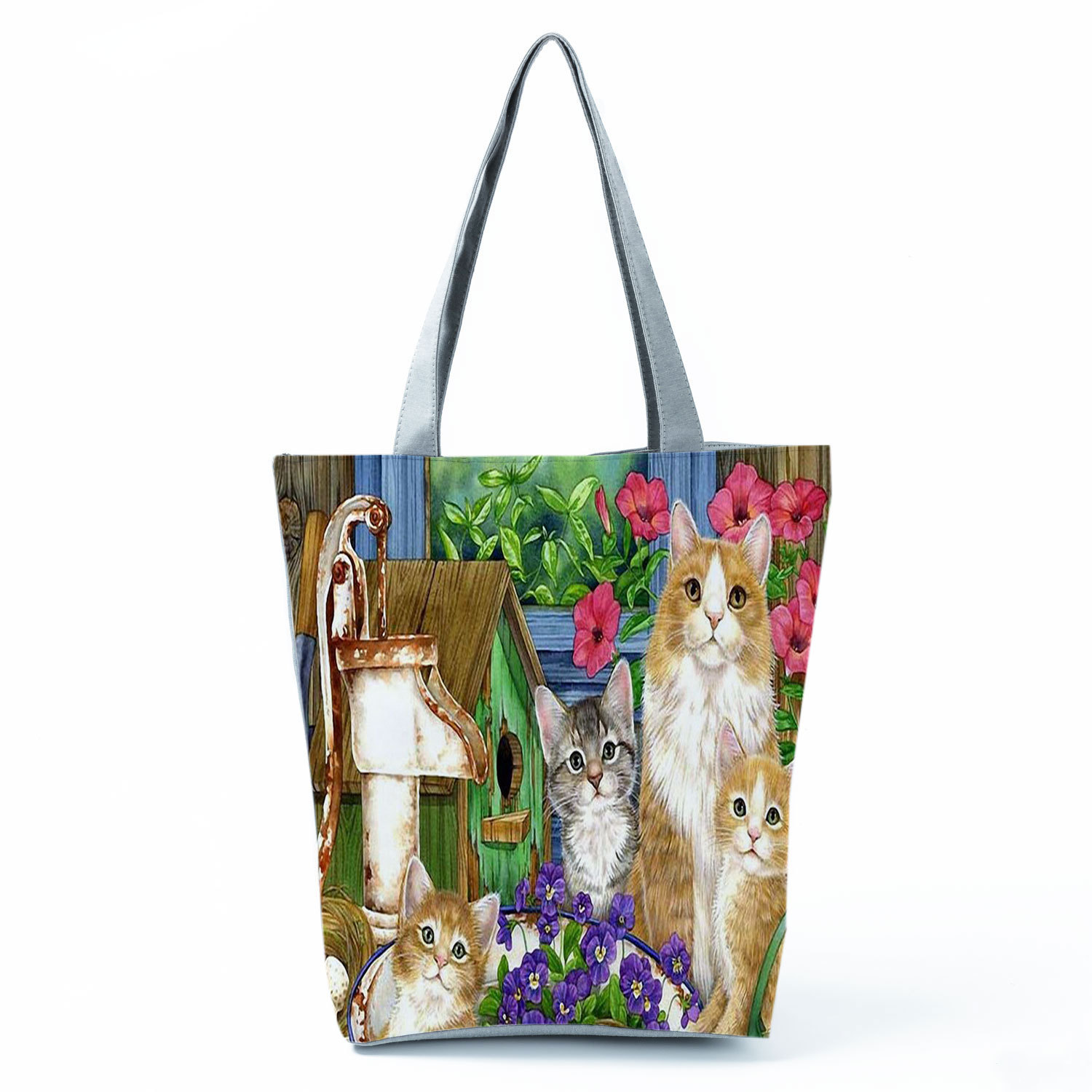 Picture of New cute flower cat printed shoulder bag portable travel storage bag large capacity outdoor tote bag