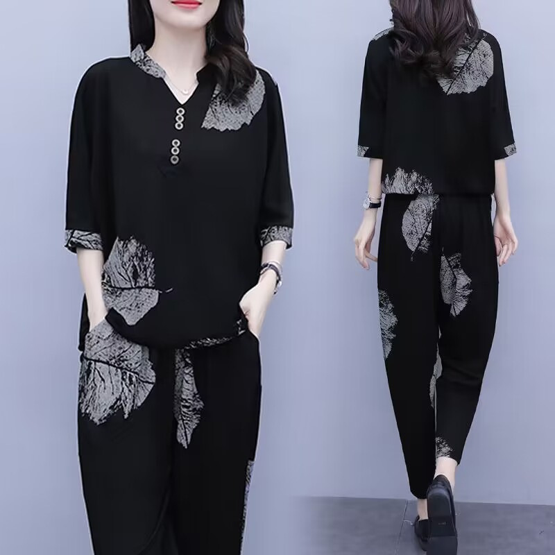Middle-aged mother casual versatile summer elegant suit 2023 new western style middle-aged women's short sleeve two-piece suit