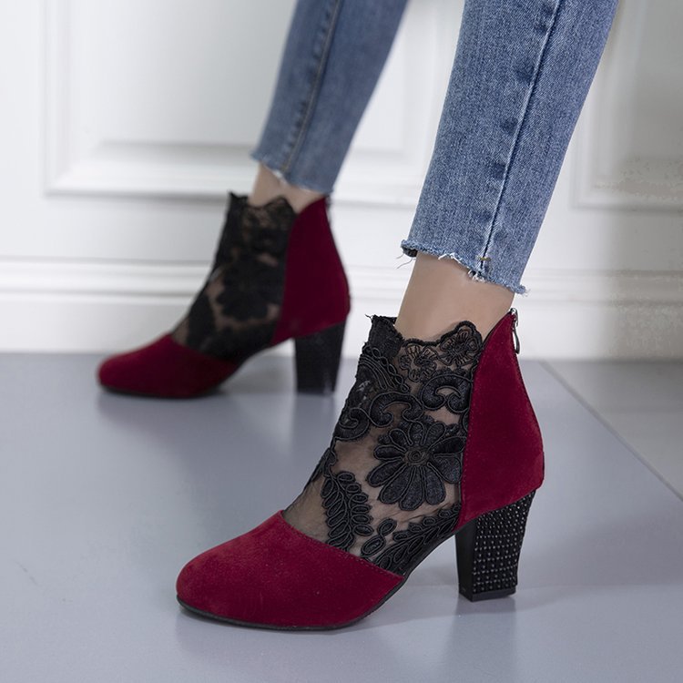 Lace Mesh High Heel Sandals Women's Amazon Foreign Trade plus size European and American Fashion Round Toe Thick Heel Roman Sandals