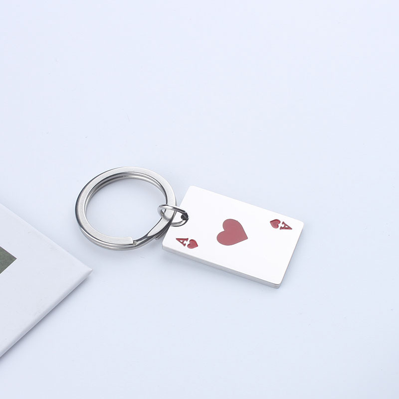 Picture of Heart-shaped red peach a playing card keychain creative simple stainless steel metal key chain ring schoolbag pendant accessories