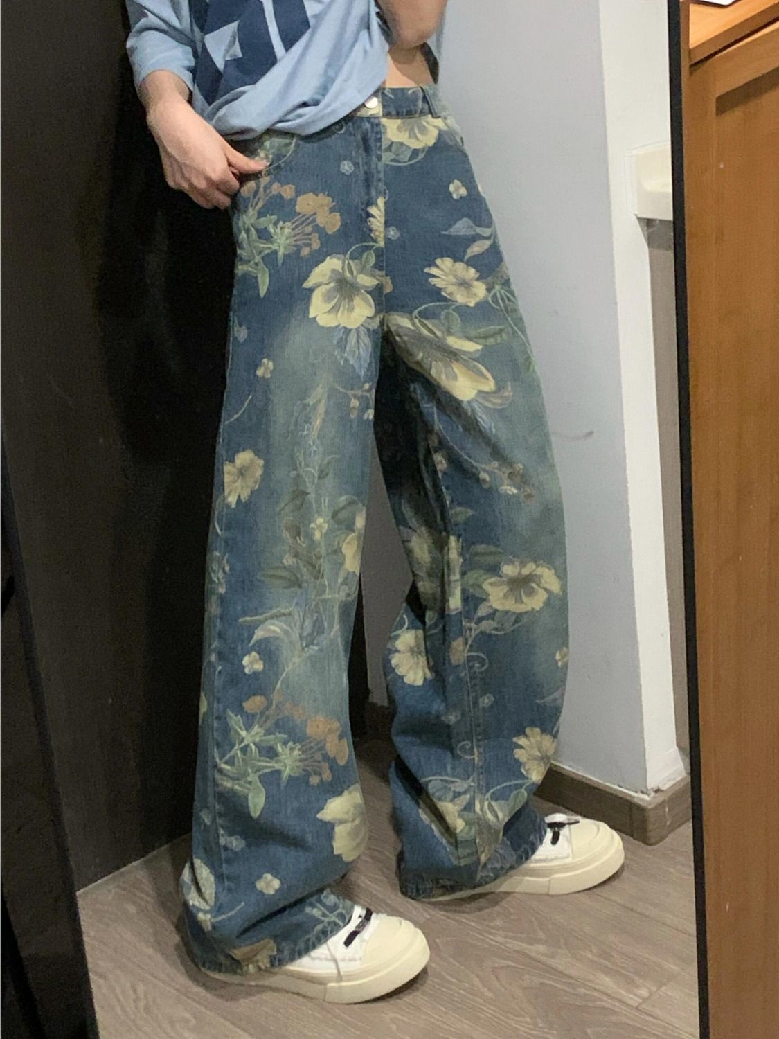 American Style Vintage Vibe Style Flower Wide Leg Jeans Women's Autumn and Winter Printed Tall Lengthened High Street Mopping Pants
