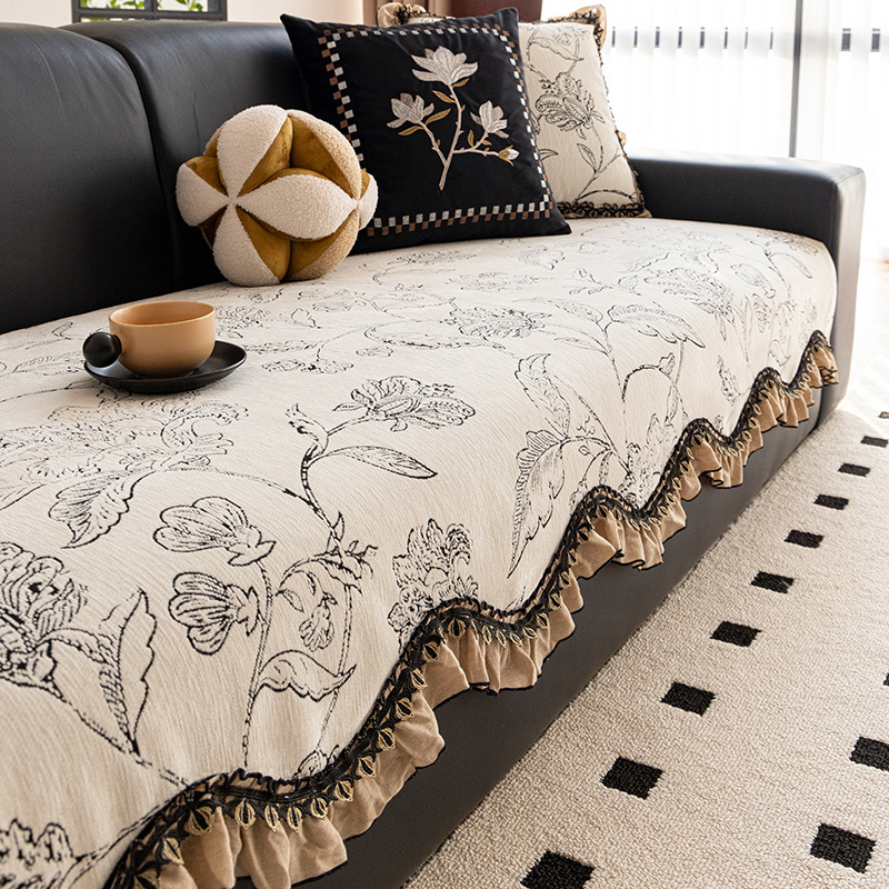 French Style Special-Shaped Sofa Cushion for Four Seasons Universal 2024 New Style Retro Skirt High-grade Anti-slip Leather Cushion Cover Cloth