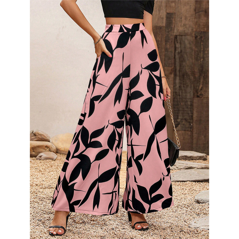 Picture of European and American Amazon Cross-border Foreign Trade Summer New Chiffon Leaf Printed Casual Pants Temperament High Waist Wide Leg Pants for Women