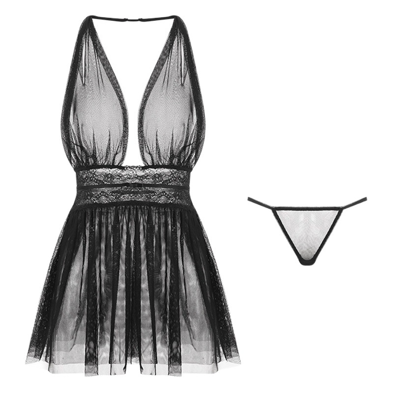 Ruoruo sexy lingerie sexy deep V temptation plus size pajamas mesh strap nightdress women's homewear suit 630