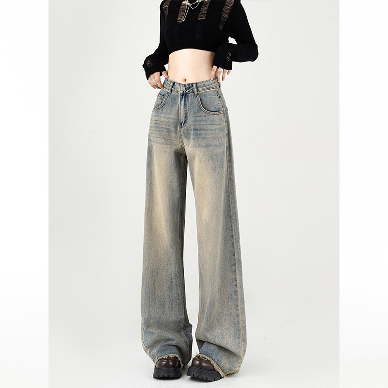 High Waist Loose Dipped Wide Leg Jeans Women's Spring New All-match Slimming American Style Retro Straight Pants