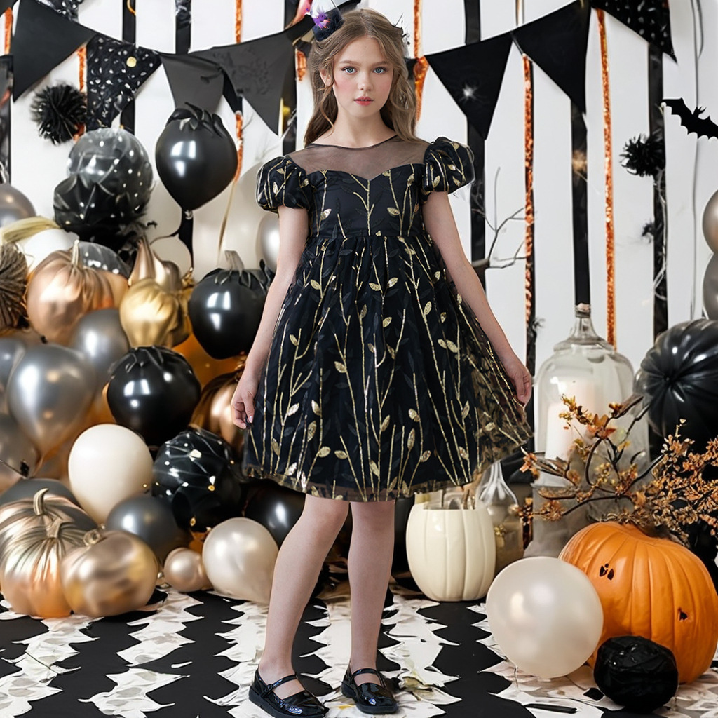 Foreign trade new Halloween party children's dress European and American embroidered net bubble sleeve princess dress catwalk performance dress