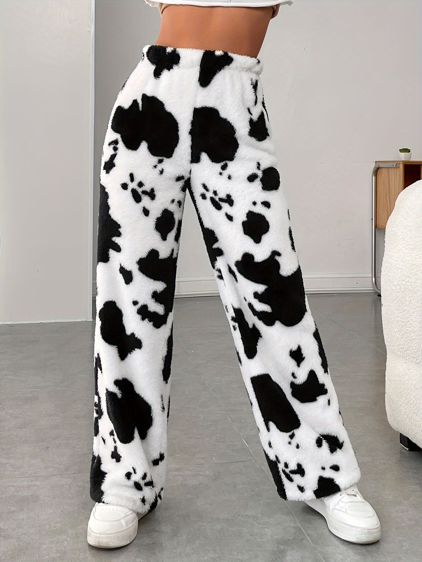 2025 New Shien Aliexpress Cross-Border Cow Pattern High-Waisted Casual Pants, Comfortable Autumn and Winter Furry Pants