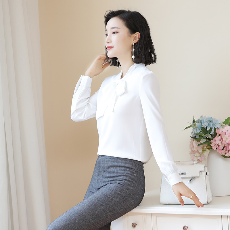 Picture of Pink Long-sleeved Shirt Women's Autumn Design Bow Chiffon Top High-end Fashion Western Style Silk Shirt