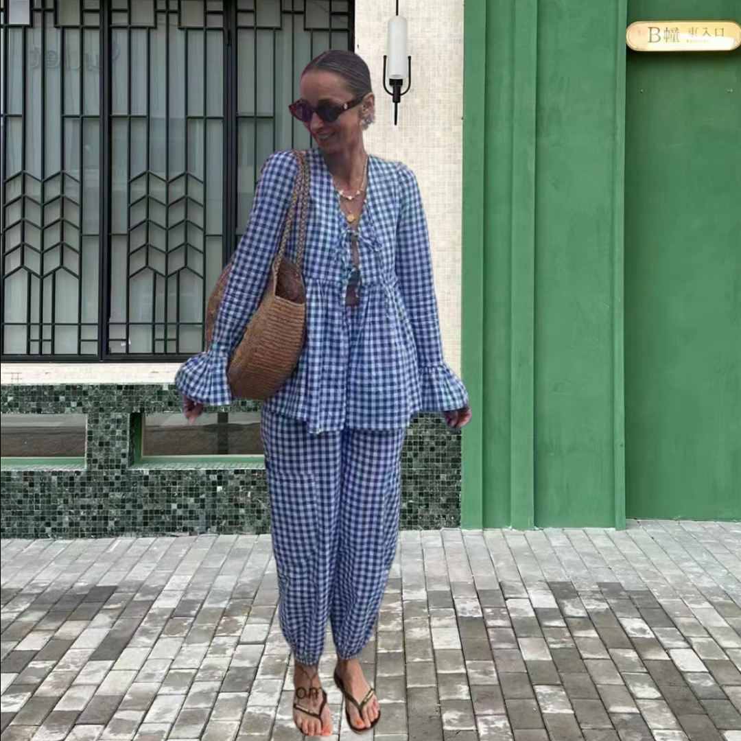 2024 Cross-border Amazon AliExpress Spring and Summer New Comfortable Casual Horn Sleeve Long Sleeve Lace Plaid suit