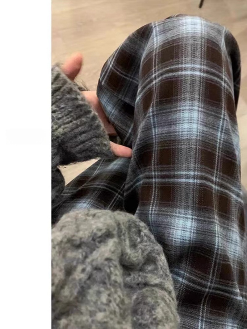 Straight Plaid Casual Plaid Pants Women's High Waist Spring and Autumn New plus size chubby girl Slimming Pear-Shaped Wide-Leg Pants