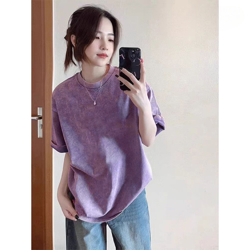 230G-Summer Pure Cotton Round Neck Pullover Washed Distressed Loose Short-Sleeved T-Shirt Pure Color Trendy Brand Couple Large Size Top