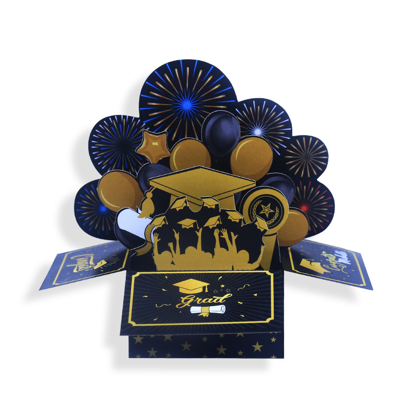 Factory Supply Printing Black Gold Creative 3D Stereo Graduation Box Ornaments Graduation Season Paper Pop-up Greeting Cards
