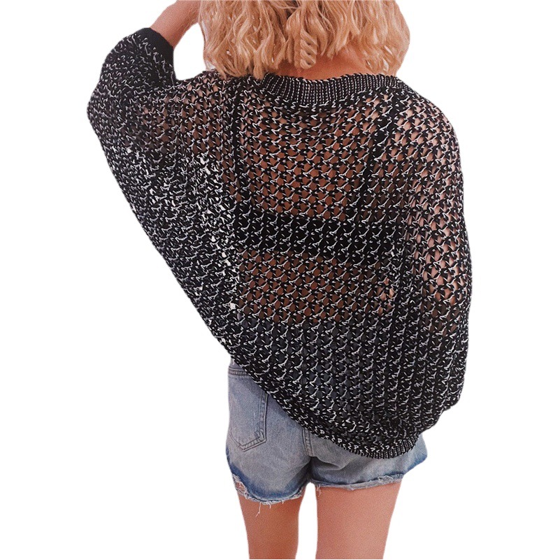 European and American Amazon V-neck gold line bat sleeve beach blouse sexy loose sunscreen sweater women's hollow sweater