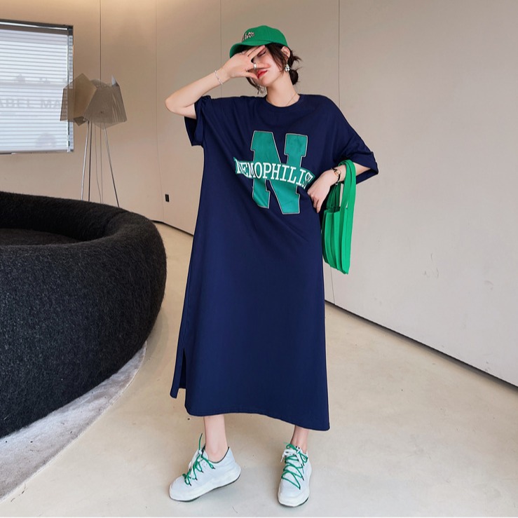Picture of Korean T-shirt dress Women's 2024 Summer New Loose plus size Over-the-knee Short-sleeve Long Dress Casual Lazy Dress