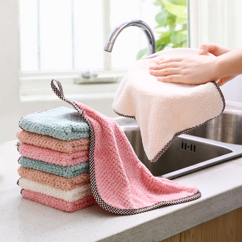 In stock hanging coral fleece rag Kitchen pineapple pattern lint-free absorbent hand towel plain dish cloth