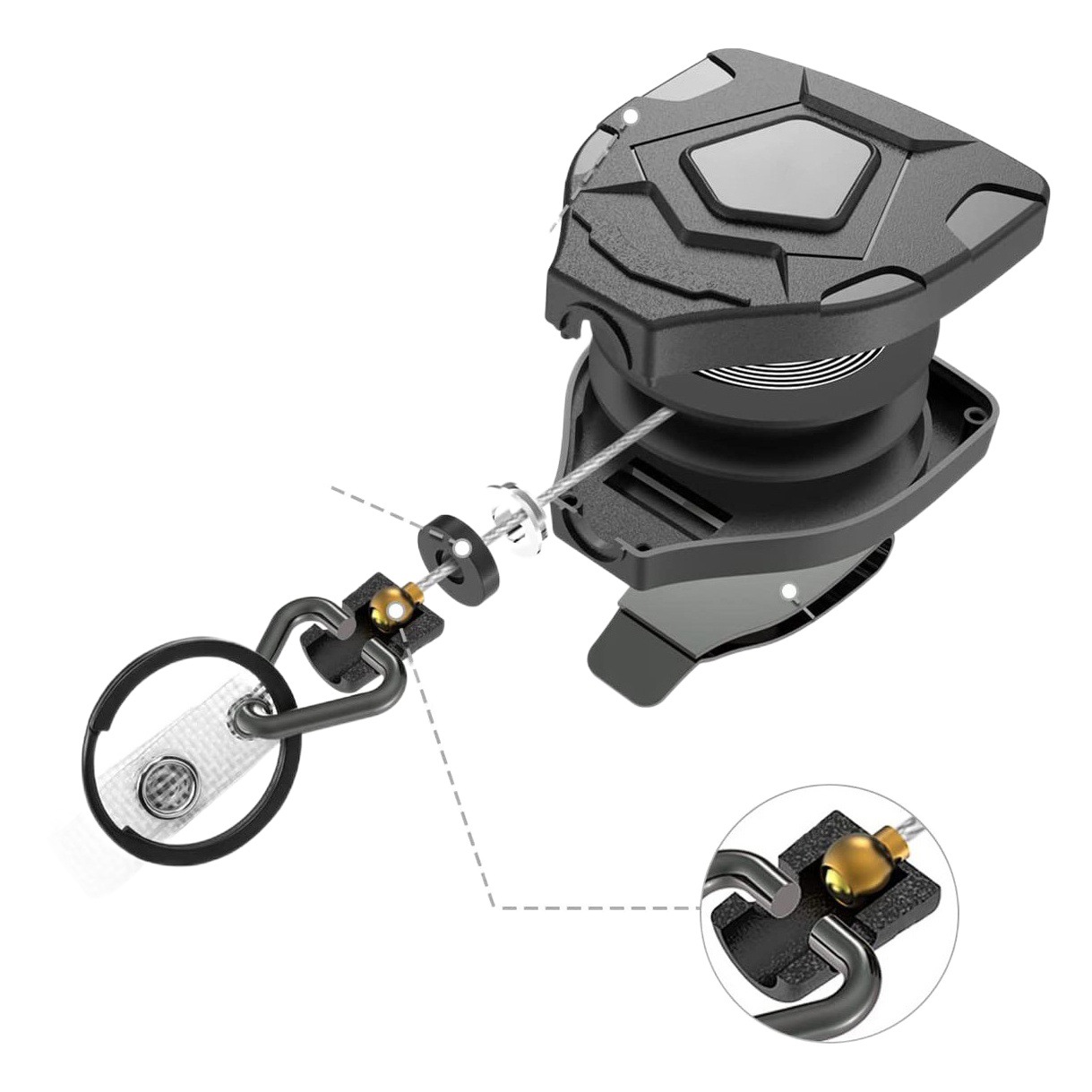 Heavy duty retractable high stretch ABS carabiner black triangle shield type with belt clip ID key chain