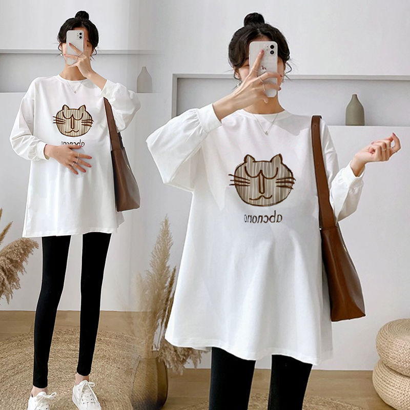 Trendy pregnant mother autumn cotton long-sleeved T-shirt 2023 plus size loose Korean style white drawstring mid-length bottoming shirt T-shirt