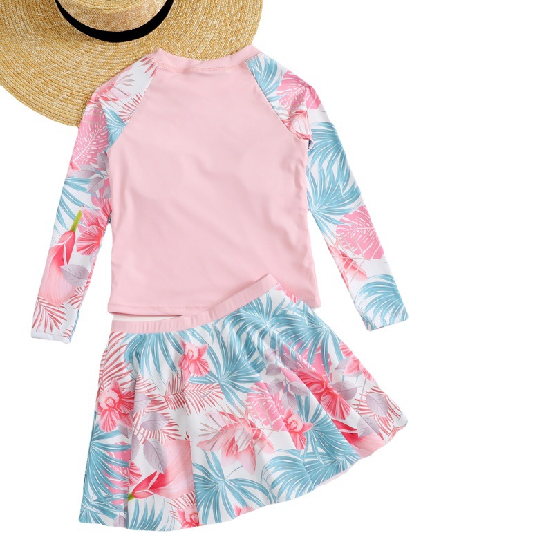 Girls' Swimsuit Split Skirt Two-Piece Belly-Covering Slim Color-Splicing Middle and Big Children's Casual Cartoon Hot Spring Swimsuit
