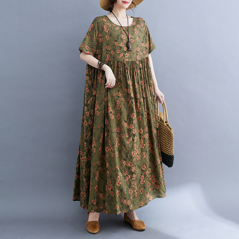 Short-sleeved dress for middle-aged mother 2023 new large size summer dress women's slimming A- line floral cotton linen skirt