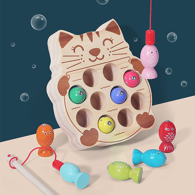 cpc children's educational toys magnetic kitten fishing games concentration training wooden fishing magnetic toys
