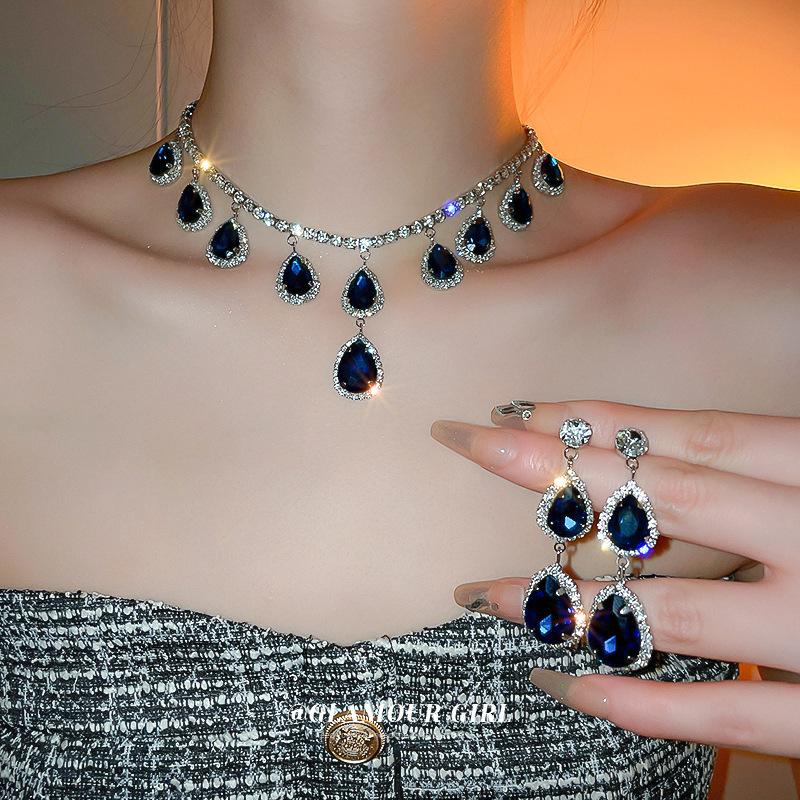 Silver Needle water drop diamond sapphire blue earrings necklace suit French style light luxury court style clavicle chain niche jewelry for women